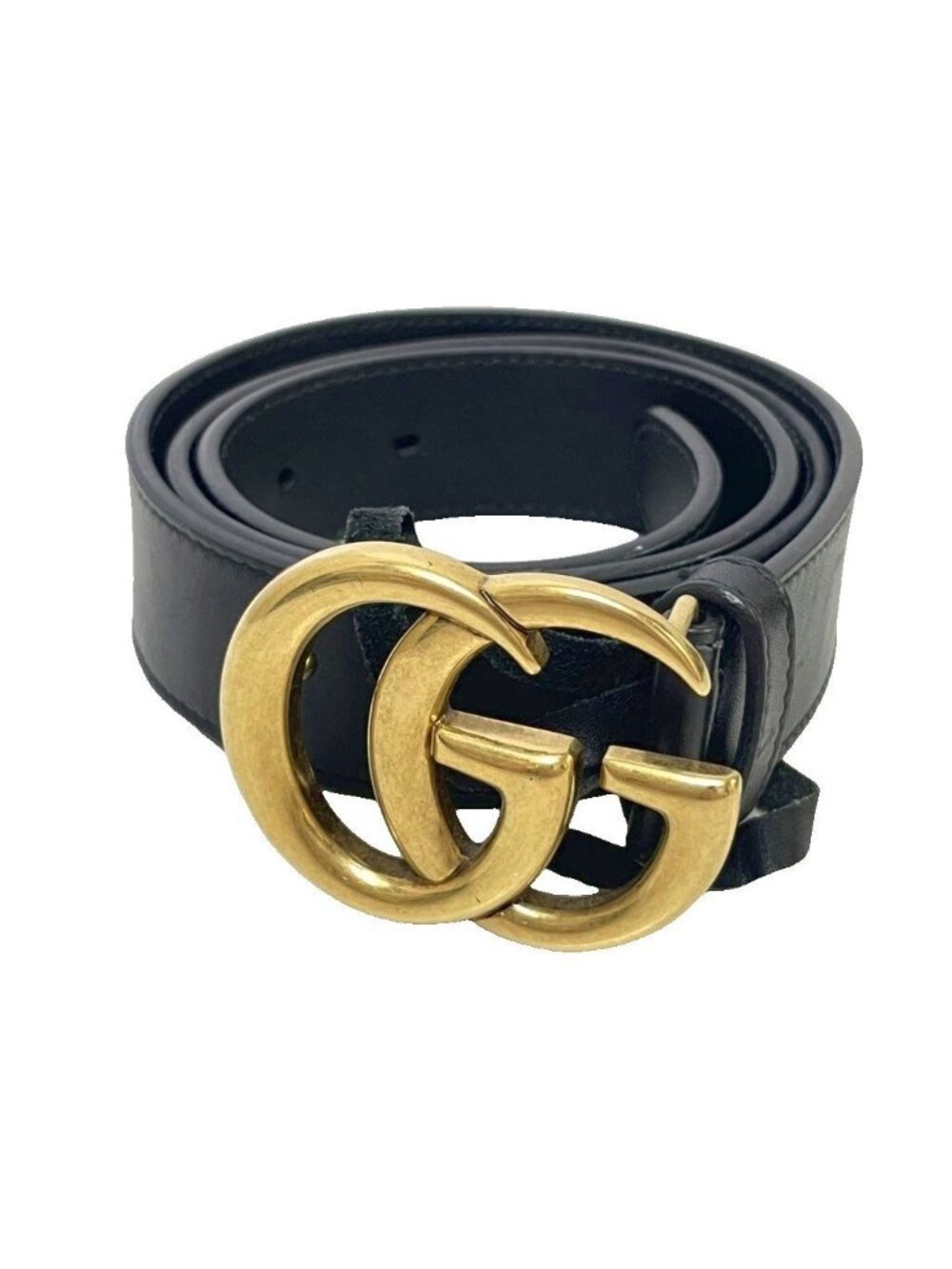 Gucci Double G Buckle Leather Belt Eyelet Black Gold